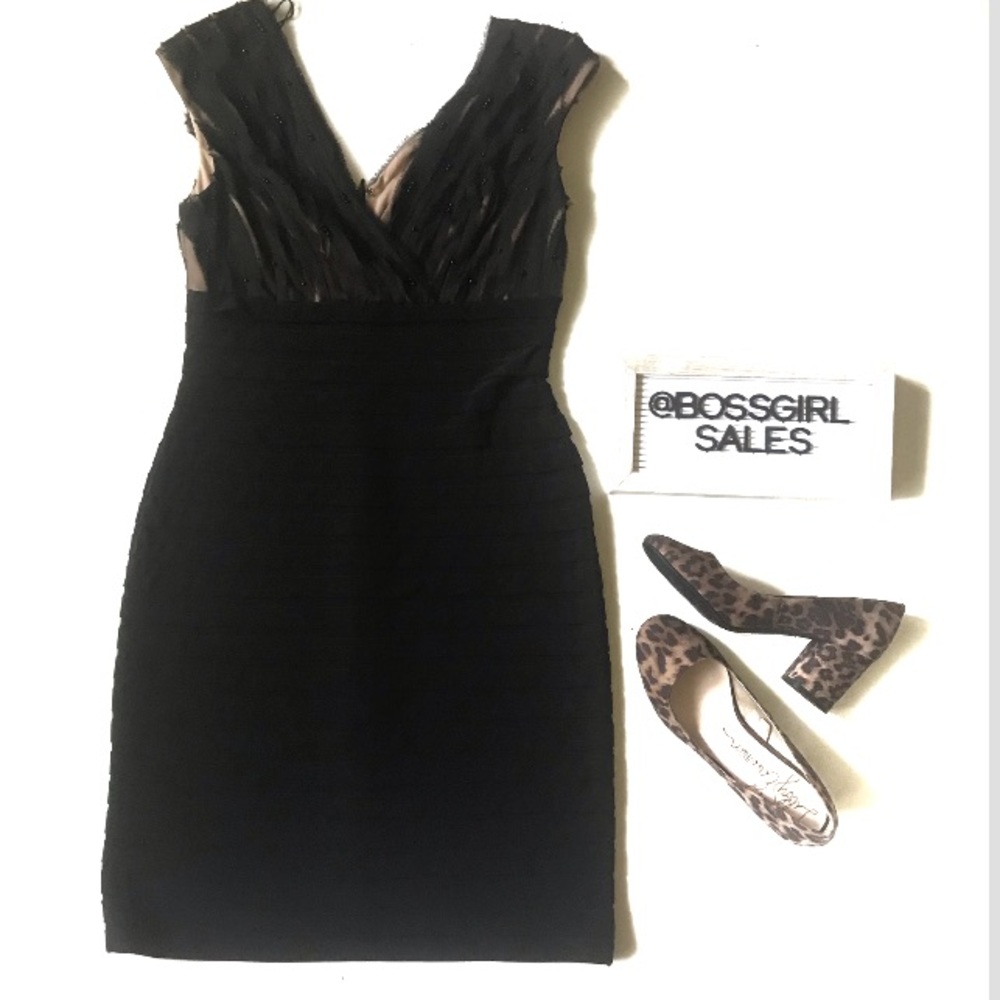 Adrianna Papell Crepe Tulle Pearl Beaded Dress 6